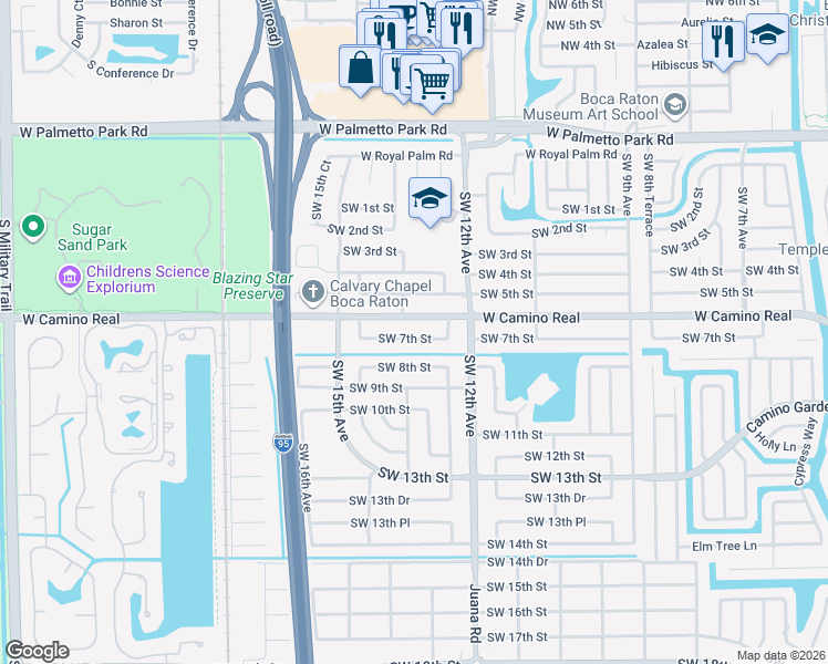 map of restaurants, bars, coffee shops, grocery stores, and more near 1300 Southwest 7th Street in Boca Raton