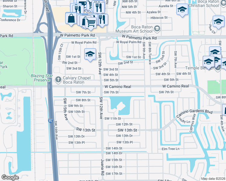 map of restaurants, bars, coffee shops, grocery stores, and more near 1128 Southwest 7th Street in Boca Raton