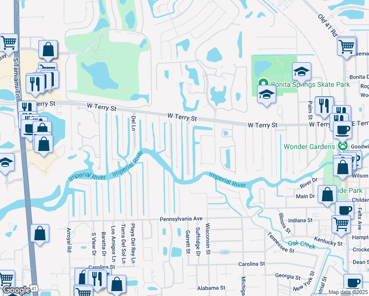 map of restaurants, bars, coffee shops, grocery stores, and more near 27211 Belle Rio Drive in Bonita Springs