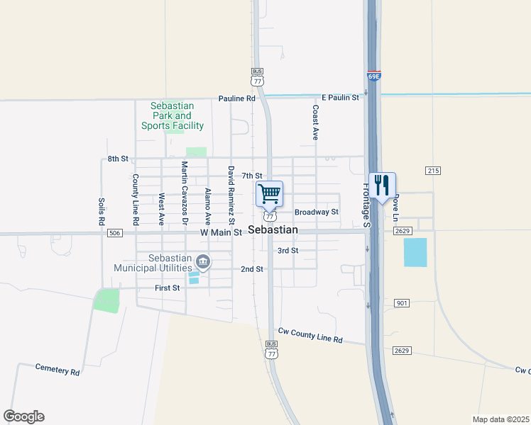 map of restaurants, bars, coffee shops, grocery stores, and more near 127 6th Street in Lyford