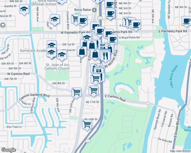 map of restaurants, bars, coffee shops, grocery stores, and more near 99 Southeast 6th Street in Boca Raton