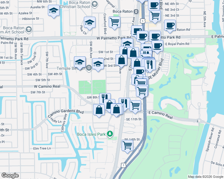 map of restaurants, bars, coffee shops, grocery stores, and more near 259 Southwest 6th Street in Boca Raton