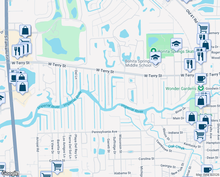 map of restaurants, bars, coffee shops, grocery stores, and more near 27238 Barefoot Lane in Bonita Springs