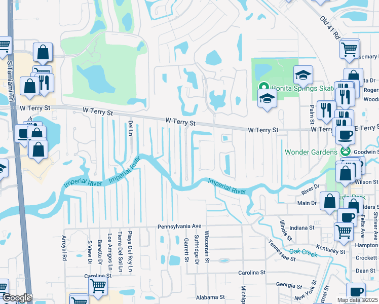 map of restaurants, bars, coffee shops, grocery stores, and more near 27238 Barefoot Lane in Bonita Springs