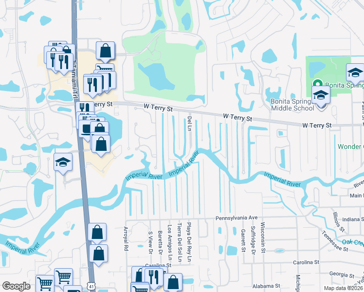 map of restaurants, bars, coffee shops, grocery stores, and more near 27111 Mora Road in Bonita Springs
