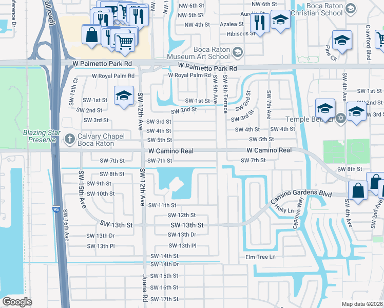 map of restaurants, bars, coffee shops, grocery stores, and more near 971 West Camino Real in Boca Raton