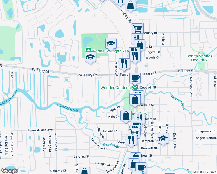 map of restaurants, bars, coffee shops, grocery stores, and more near 27061 Pine Avenue in Bonita Springs