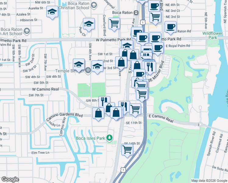 map of restaurants, bars, coffee shops, grocery stores, and more near 259 Southwest 6th Street in Boca Raton