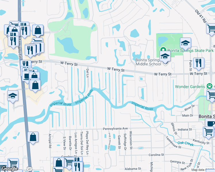 map of restaurants, bars, coffee shops, grocery stores, and more near 27109 Holly Lane in Bonita Springs