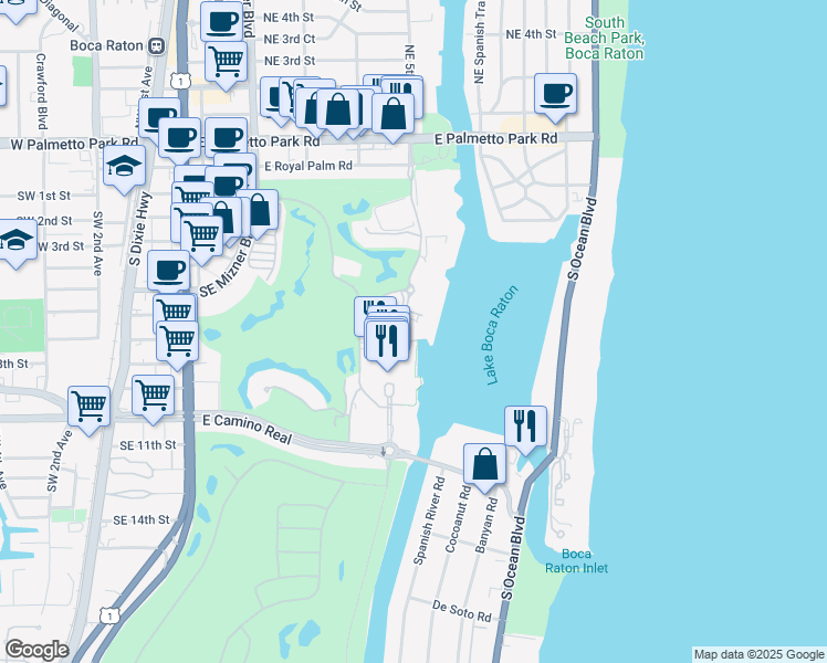 map of restaurants, bars, coffee shops, grocery stores, and more near 400 Southeast 5th Avenue in Boca Raton