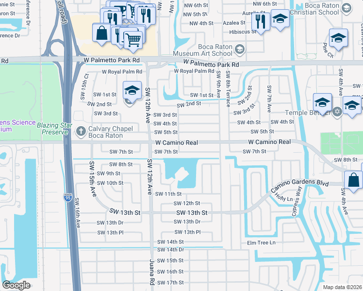 map of restaurants, bars, coffee shops, grocery stores, and more near 1069 West Camino Real in Boca Raton