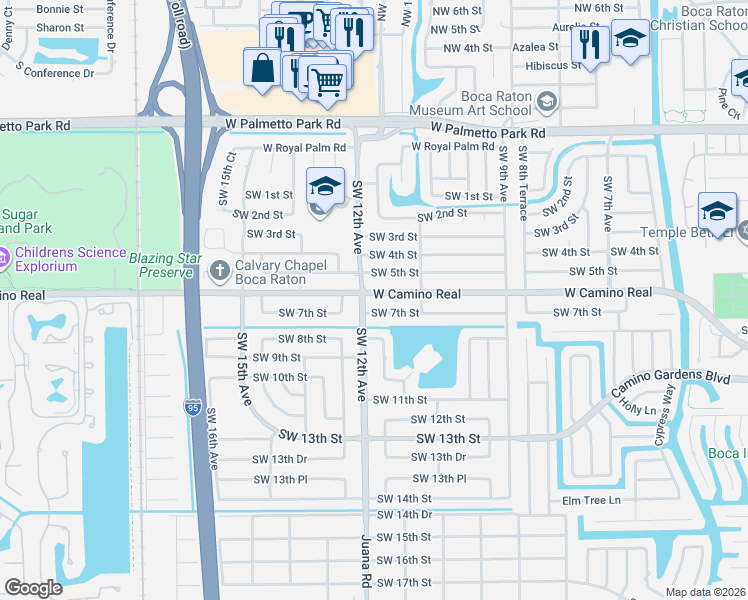 map of restaurants, bars, coffee shops, grocery stores, and more near 1199 West Camino Real in Boca Raton