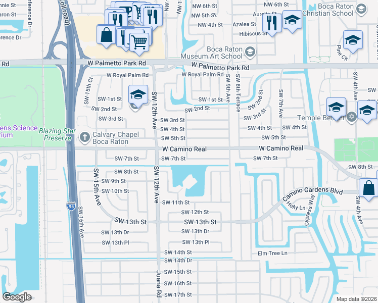 map of restaurants, bars, coffee shops, grocery stores, and more near 1069 West Camino Real in Boca Raton