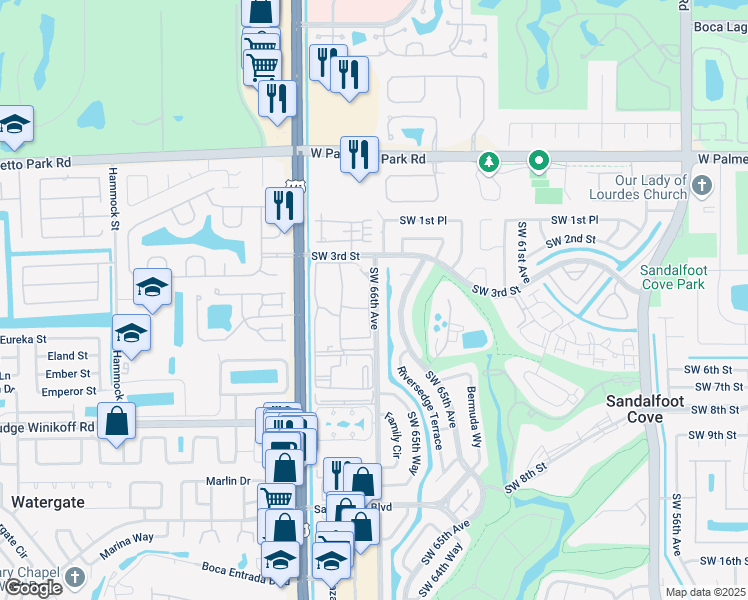 map of restaurants, bars, coffee shops, grocery stores, and more near 22277 Southwest 66th Avenue in Boca Raton