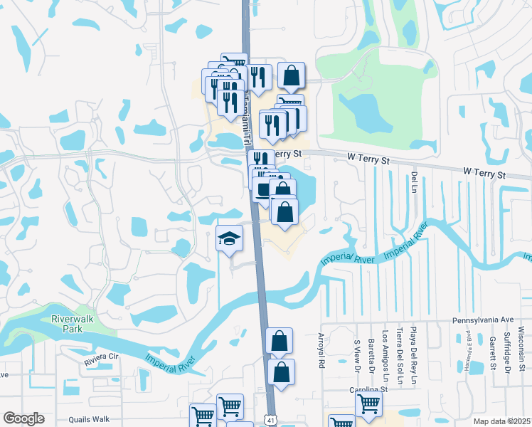 map of restaurants, bars, coffee shops, grocery stores, and more near 27250 Bay Landing Drive in Bonita Springs