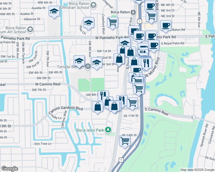 map of restaurants, bars, coffee shops, grocery stores, and more near 259 Southwest 6th Street in Boca Raton