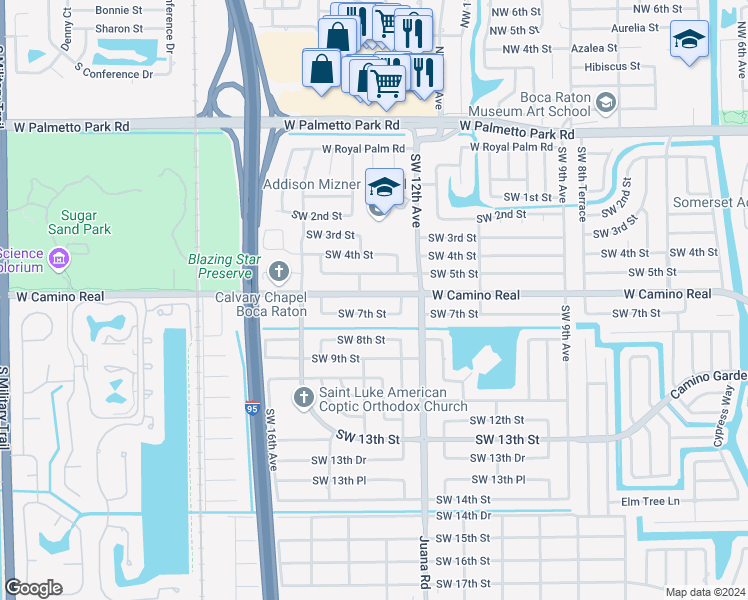 map of restaurants, bars, coffee shops, grocery stores, and more near 1301 West Camino Real in Boca Raton