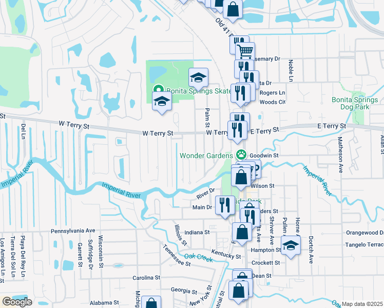 map of restaurants, bars, coffee shops, grocery stores, and more near 27061 Pine Avenue in Bonita Springs