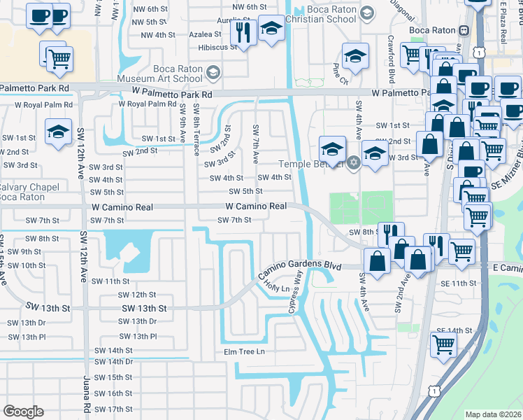 map of restaurants, bars, coffee shops, grocery stores, and more near 698 Southwest 5th Street in Boca Raton