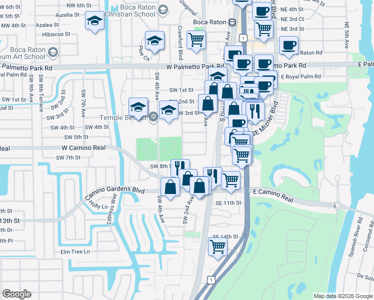 map of restaurants, bars, coffee shops, grocery stores, and more near 299 Southwest 7th Street in Boca Raton
