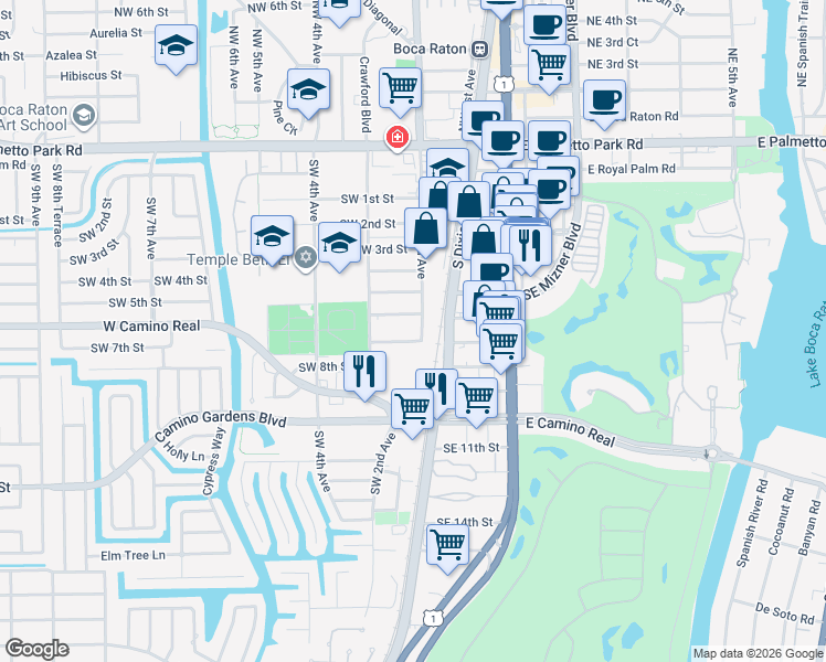 map of restaurants, bars, coffee shops, grocery stores, and more near 600 Southwest 2nd Avenue in Boca Raton
