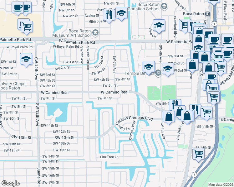 map of restaurants, bars, coffee shops, grocery stores, and more near 698 Southwest 5th Street in Boca Raton