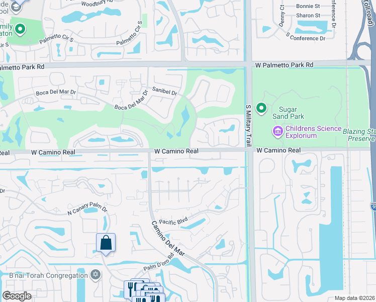 map of restaurants, bars, coffee shops, grocery stores, and more near W Camino Real in Boca Raton