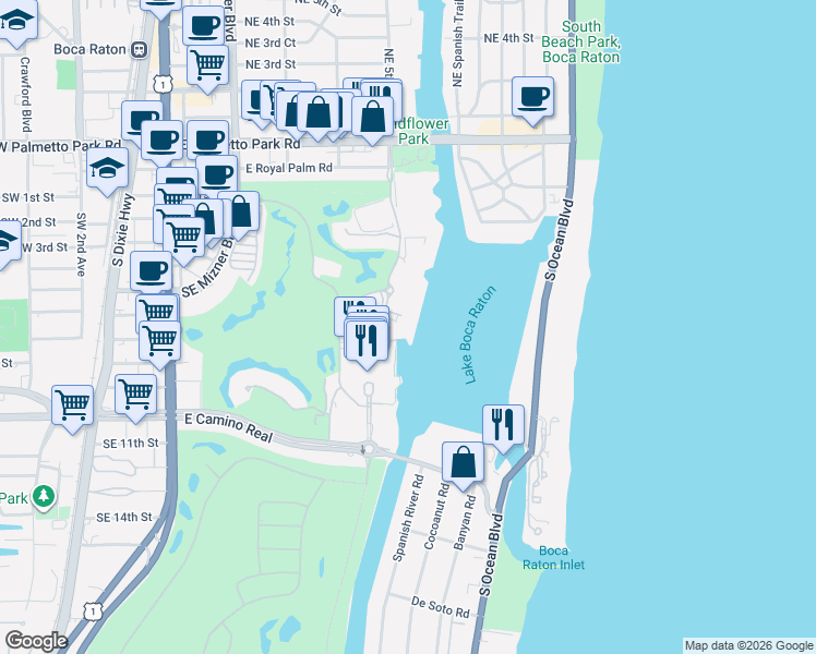 map of restaurants, bars, coffee shops, grocery stores, and more near 500 Southeast 5th Avenue in Boca Raton