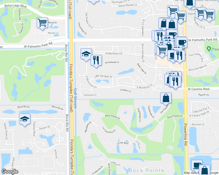 map of restaurants, bars, coffee shops, grocery stores, and more near Lago Del Mar Drive in Boca Raton