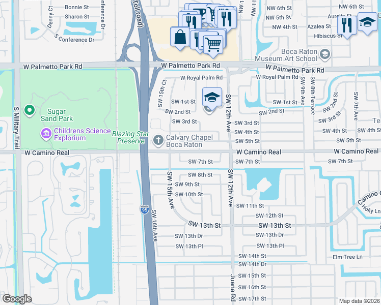 map of restaurants, bars, coffee shops, grocery stores, and more near 1301 West Camino Real in Boca Raton
