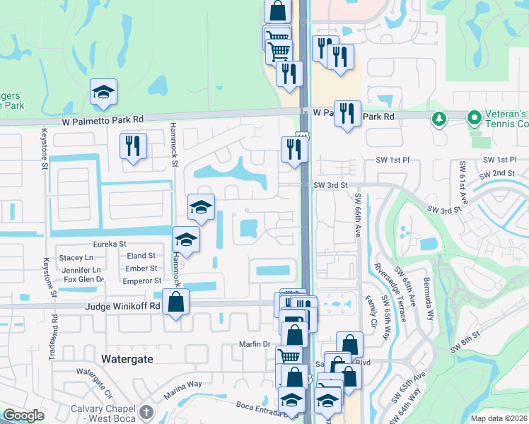map of restaurants, bars, coffee shops, grocery stores, and more near Fanfare Drive in Boca Raton