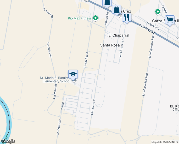 map of restaurants, bars, coffee shops, grocery stores, and more near 411 River Crest Street in Rio Grande City