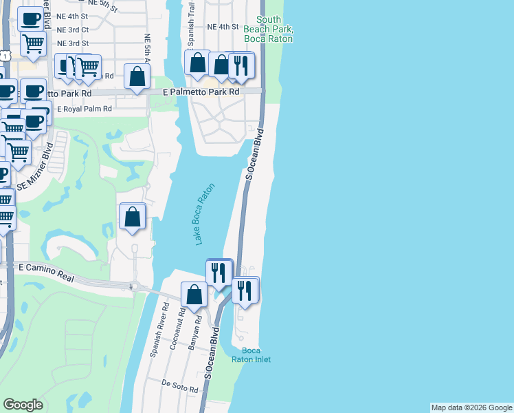 map of restaurants, bars, coffee shops, grocery stores, and more near 521 Florida A1A in Boca Raton