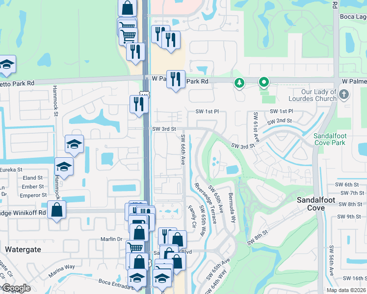 map of restaurants, bars, coffee shops, grocery stores, and more near 22277 Southwest 66th Avenue in Boca Raton