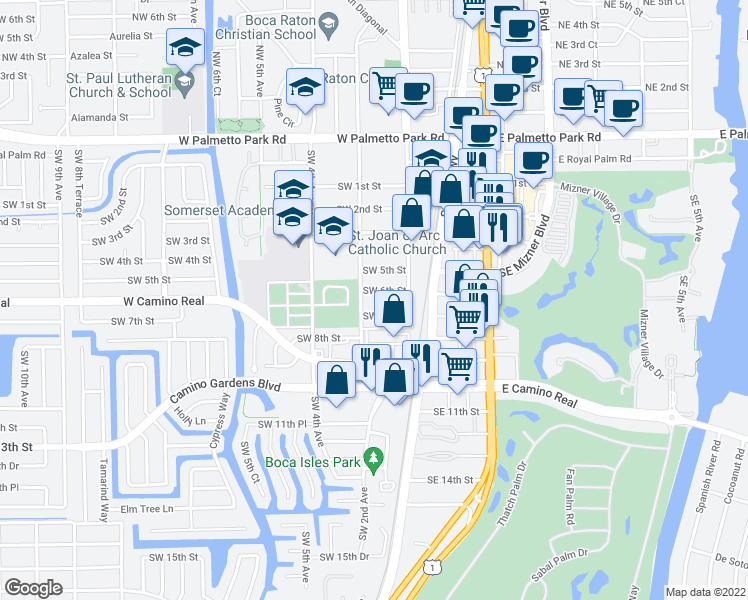 map of restaurants, bars, coffee shops, grocery stores, and more near 259 Southwest 6th Street in Boca Raton