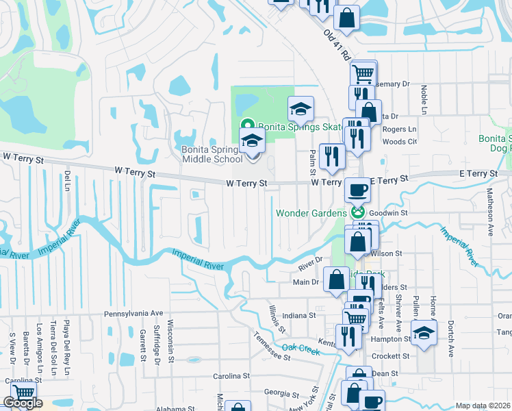 map of restaurants, bars, coffee shops, grocery stores, and more near 27080 Morgan Road in Bonita Springs