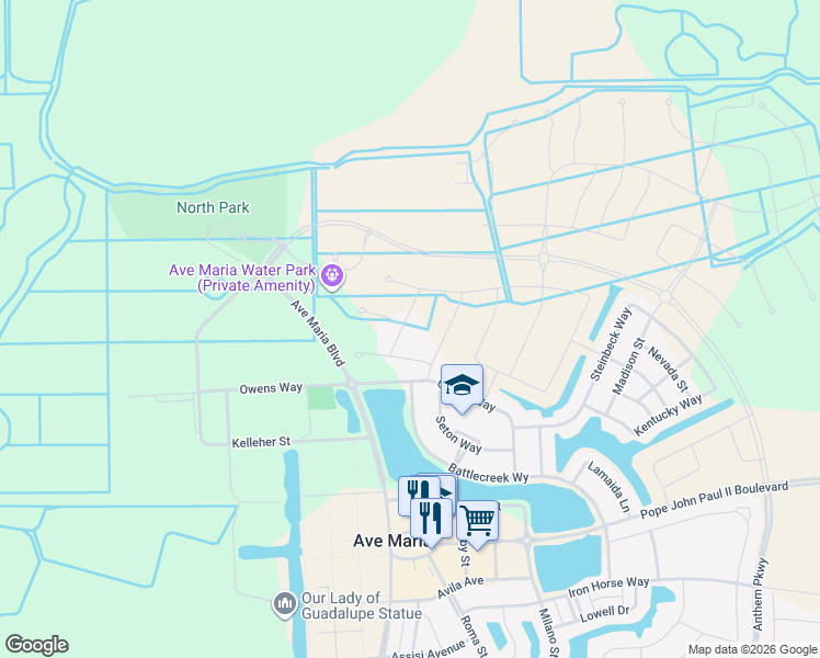 map of restaurants, bars, coffee shops, grocery stores, and more near Owens Way in Ave Maria