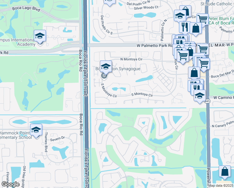 map of restaurants, bars, coffee shops, grocery stores, and more near Lago Del Mar Drive in Boca Raton