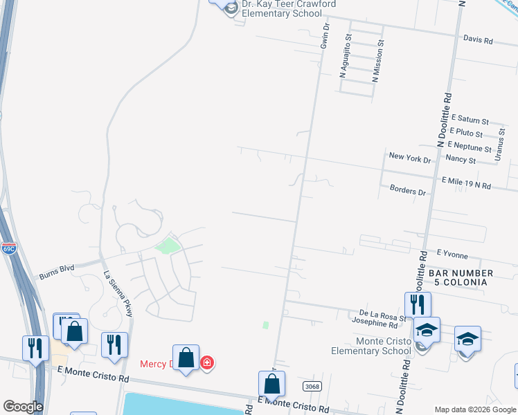 map of restaurants, bars, coffee shops, grocery stores, and more near 4323 North Gwin Road in Edinburg