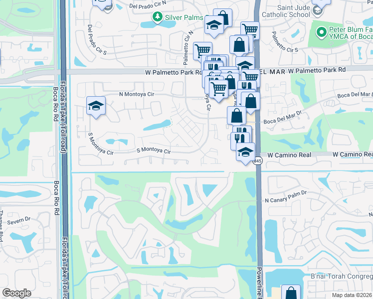 map of restaurants, bars, coffee shops, grocery stores, and more near 7340 Andorra Place in Boca Raton