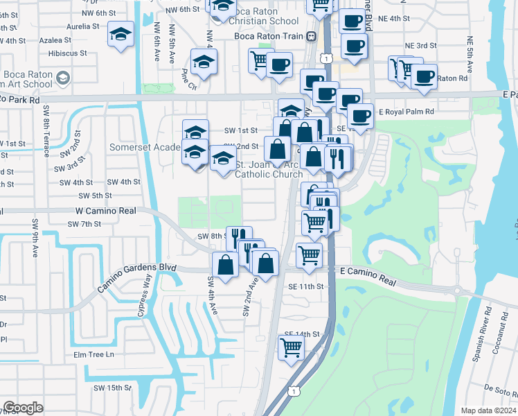 map of restaurants, bars, coffee shops, grocery stores, and more near 259 Southwest 6th Street in Boca Raton
