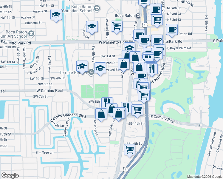 map of restaurants, bars, coffee shops, grocery stores, and more near 259 Southwest 6th Street in Boca Raton
