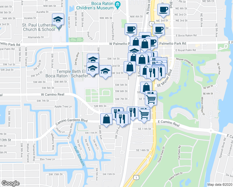 map of restaurants, bars, coffee shops, grocery stores, and more near 259 Southwest 6th Street in Boca Raton