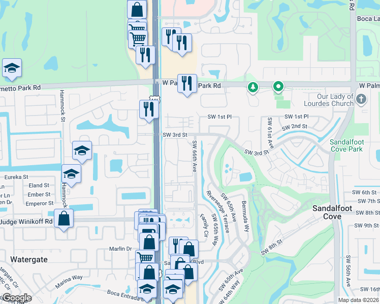 map of restaurants, bars, coffee shops, grocery stores, and more near 22277 Southwest 66th Avenue in Boca Raton