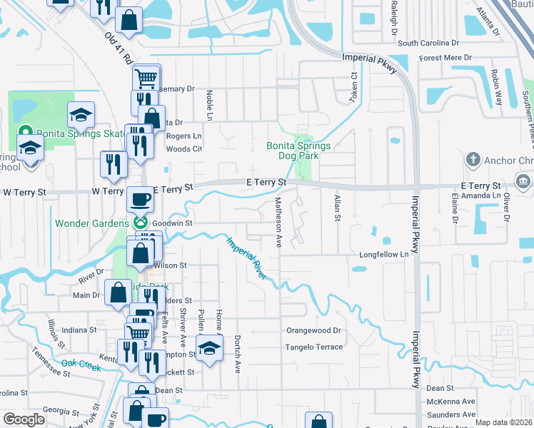 map of restaurants, bars, coffee shops, grocery stores, and more near 27120 Matheson Avenue in Bonita Springs
