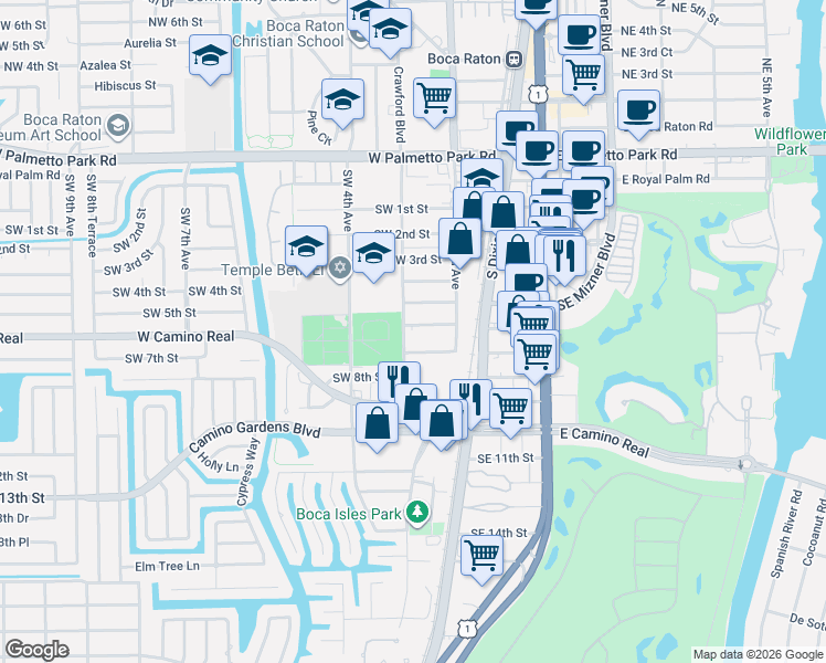 map of restaurants, bars, coffee shops, grocery stores, and more near 259 Southwest 6th Street in Boca Raton