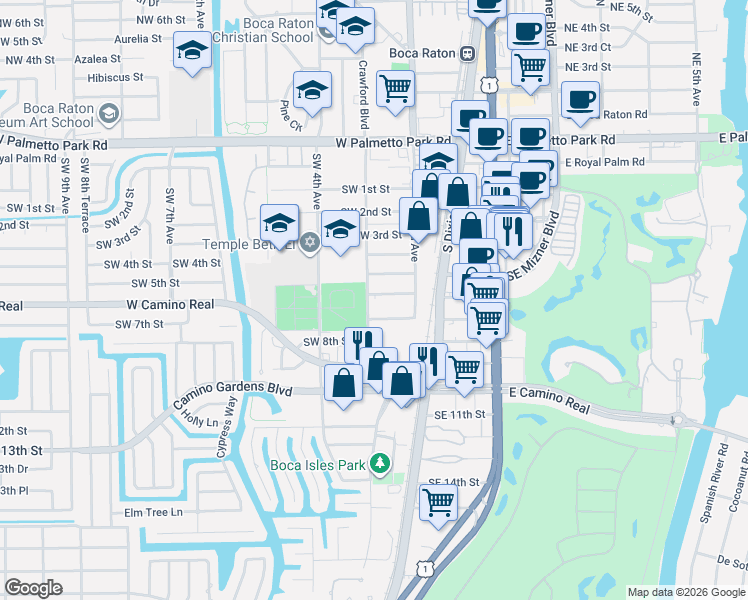 map of restaurants, bars, coffee shops, grocery stores, and more near 259 Southwest 6th Street in Boca Raton