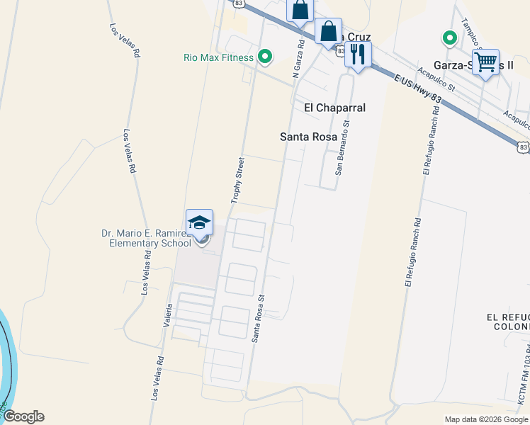 map of restaurants, bars, coffee shops, grocery stores, and more near 321 Santa Rosa Road in Rio Grande City