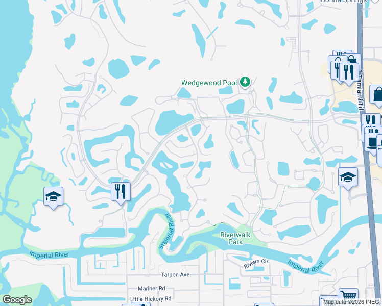 map of restaurants, bars, coffee shops, grocery stores, and more near 4100 Lake Forest Drive in Bonita Springs