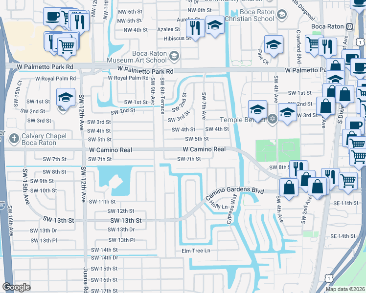 map of restaurants, bars, coffee shops, grocery stores, and more near 741 West Camino Real in Boca Raton